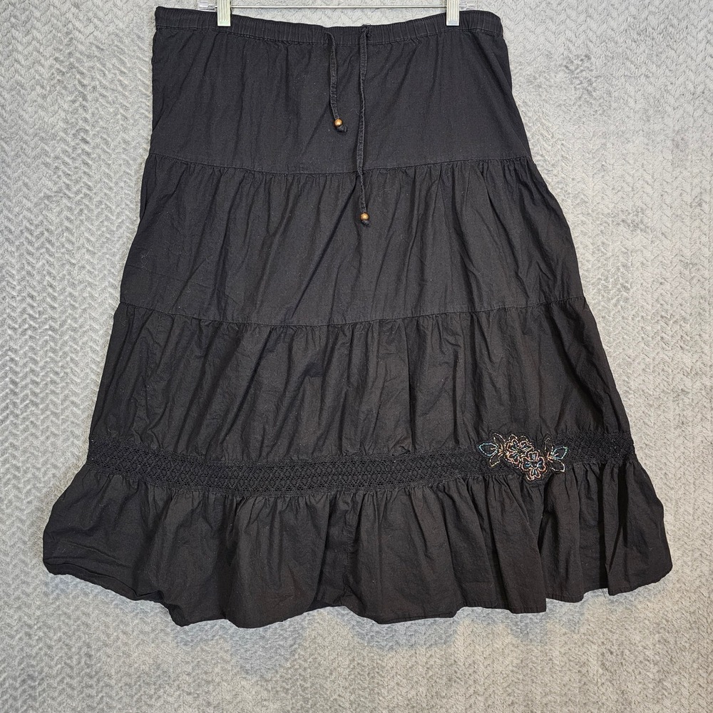 White Stag Black Cotton Tiered Maxi Skirt Beaded Floral Boho‎ Festival  S 4/6